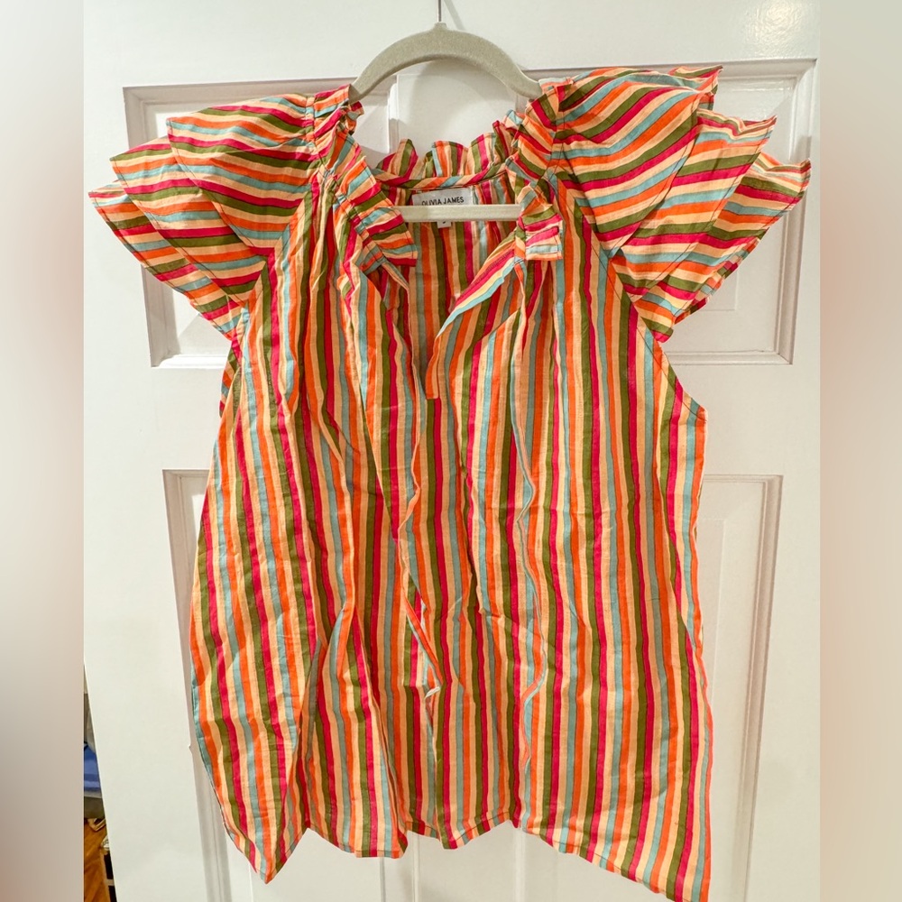Olivia James Colorful Ruffle Sleeve Striped Top